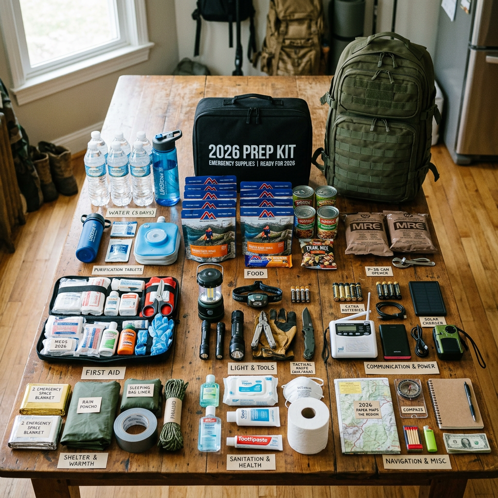 Emergency preparedness kit with water, food, first aid, shelter, tools, sanitation, communication, and navigation items