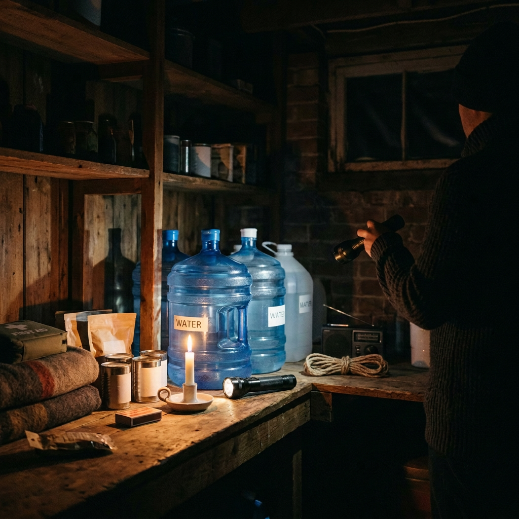 Person inspecting emergency supplies with a flashlight beside water jugs and candle